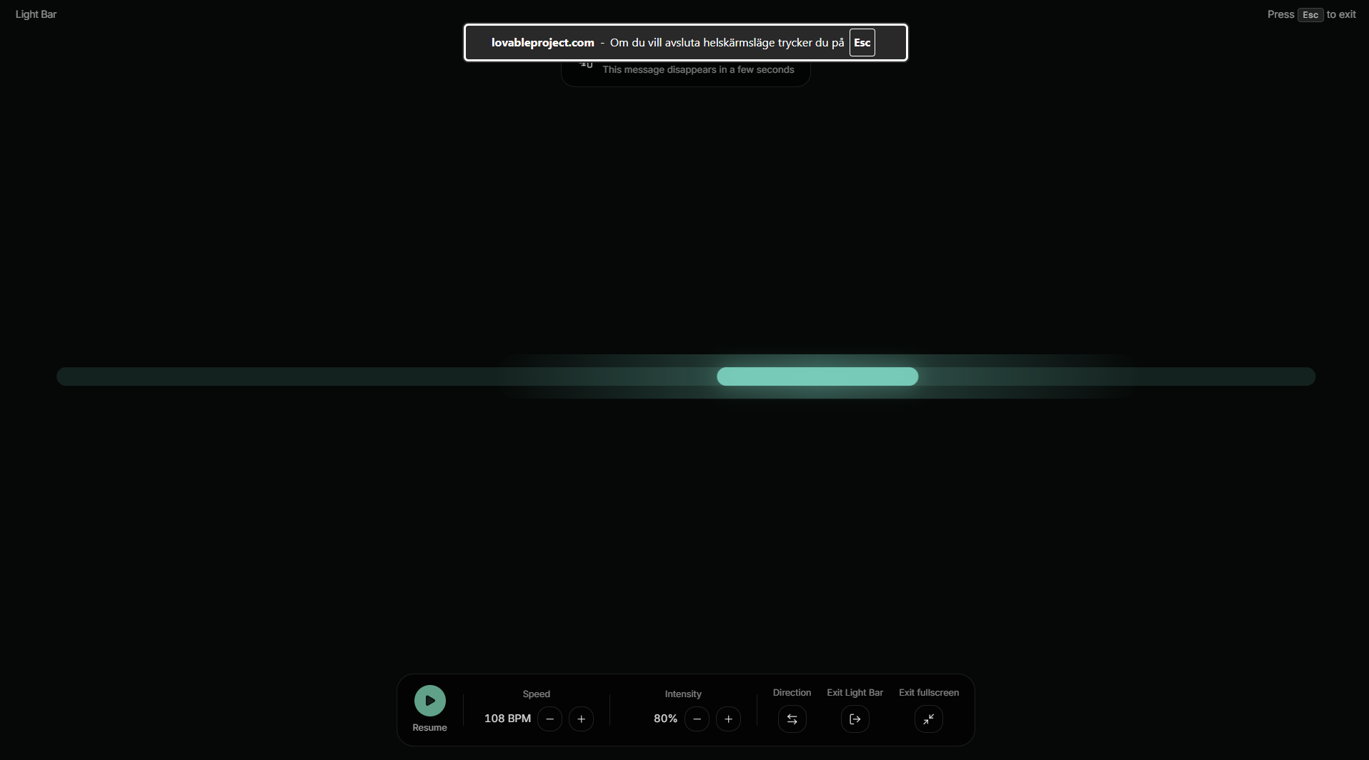 BilateralSync Light Bar mode: a fullscreen green light bar with speed, intensity and direction controls